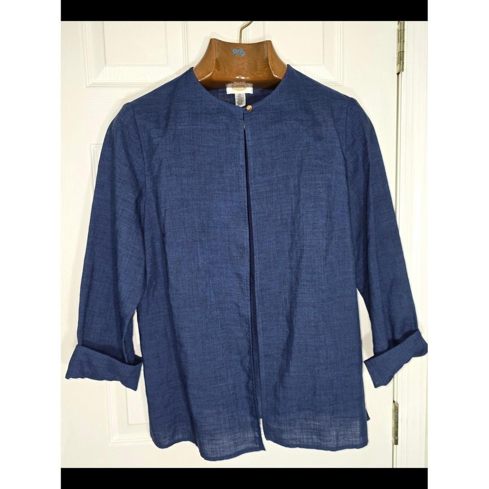 Talbots Navy Blue Linen Blend Open Front Jacket Round Neck Size 10